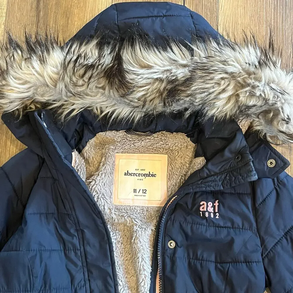 VTG Y2K Abercrombie Kids Puffer Jacket 11/12 Collar Faux Fur Hood Lined Blue EUC
